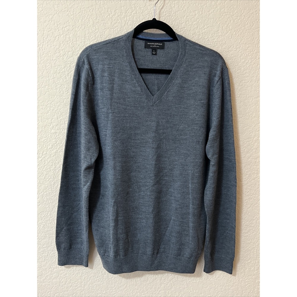 Banana Republic Men's 100% Merino Wool Sweater Long Slv V-Neck Sz L Classic Gray
